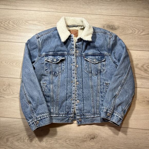 Levi’s Womens Small Original Sherpa Trucker Jean Jacket Small Divided Blue - Picture 1 of 3